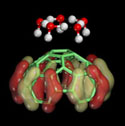 Accelrys - Five water molecules forming a H-bonded complex just above a carbon nanotube tip