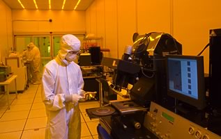 CNST's Nanofabrication Facility features about 930 square meters (10,000 square feet) of class 100 (ISO 5) clean room space for photolithography and other nanoscale fabrication tasks.

Photo Robert Rathe
For high-res version contact inquiries@nist.gov