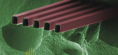 This zoom-in Scanning Electron Microscope image shows a five-nozzle M3 emitter, where each nozzle measures 10x12 microns.