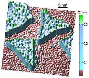 A topographic map of a 4.8 Kelvin (-451F) copper surface with cobalt islands interspersed. The colors represent height above the copper in nanometers  billionths of a meter. Green specks on the islands are iron "adatoms," while iron adatoms on the copper surface appear blue. The map was obtained with a scanning tunneling microscope with a spin-polarized tip, an instrument that at the same time measured the spin of each iron atom. (Michael Crommie/UC Berkeley)