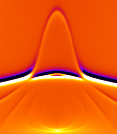 Spectroscopic image showing the microwave-frequency magnetic resonances of an array of parallel, metallic thin film nanowires ("stripes"). The peak in the center is due to resonances occurring at the stripe edges while the strong horizontal bar is due to resonances in the body of the stripes.

Credit: Brian Maranville, NIST