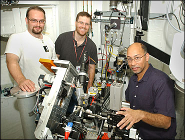 The research team at NSLS beamline X13B, from left: James Ablett, Aaron Stein, and Kenneth Evans-Lutterodt. 