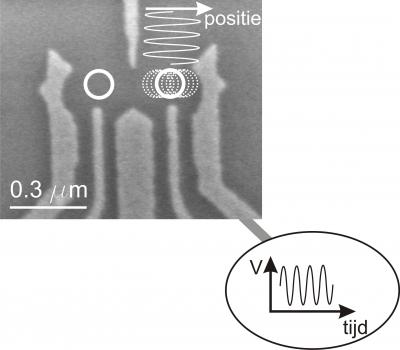 An electron microscope photo of a nanostructure similar to that used in the experiment. The light-grey colors show the metal structure (made of gold) used to create an electric trap (white lines) for the electrons. A voltage (V) that changes with time is applied to the rightmost piece of metal. As a result, the electron, which is locked in the right trap, feels an electric field. This electric field causes the electron to move (white dotted line), so that the position of the electron changes with time.

Credit: TU Delft