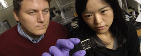 Andre Levchenko with graduate student Hojung Cho holding innovative device with microscopic chambers. Credit: Will Kirk / JHU
