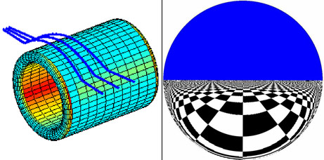 Figure: An electromagnetic wormhole can be in theory be built around a cylindrical body using metamaterials. On left, a ray tracing simulation how rays pass a wormhole device. Note that the cylindrical body is shown in the figure but the metamaterial coating is not. On right, figure how a wormhole would appear when the other side of the wormhole is above an infinite chess board below blue sky. The figure represents a very short wormhole and is quite similar to the image of a mirror ball on a chess board (illustrated by Kathryn Andersen).