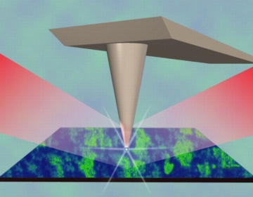 A stylized rendition of an infrared nanoscope illustrates how concentrated infrared illumination finely focuses upon a field just 20-billionths of a meter wide to view metallic puddles in vanadium dioxide as the material begins to transform from an electrically insulating state to an electrically conducting one.