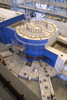 A 6000 tonne steel and concrete structure surrounds the new new neutron source. High energy protons strike a tungsten target at the centre to release neutrons for experiments