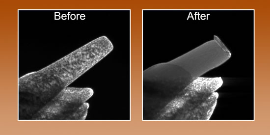 Compression of a nickel pillar whose free end has a diameter of about 150 nanometers. Before compression (left) the pillar has a high density of defects, visible as dark mottling. After compression all the defects have been driven out, a previously unobserved process known as "mechanical annealing."