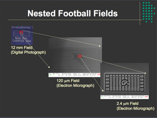 Craighead Lab

Up close the nanotrophy chip displays an image of a football field, upper left. A tiny portion of that image, viewed under an electron microscope, is another football field, and a tiny portion of that, in turn, is the smallest field of all, 2.4 millionths of an meter long, drawn in lines 59 billionths of a meter wide.
