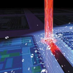 3D animation picture showing the water jet guided laser beam, used for dicing a wafer. Source: SYNOVA S.A.