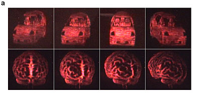 Views of an automobile (top) and of a human brain (bottom)
from the updatable 3D holographic display developed at The University of Arizona College of Optical Sciences in collaboration with Nitto Denko Technical Corp., Oceanside, Calif. The 3D images were recorded on a 4-inch by 4-inch photorefractive polymer device. (Credit: University of Arizona College of Optical Sciences/Nitto Denko Technical Corp.)