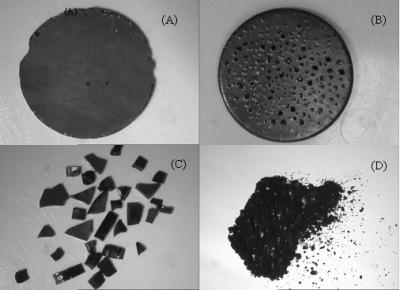 Images of (A,B) shaped CNT solids monoliths, (C) shards, and (D) powders derived from said monoliths.

Credit: Naval Research Laboratory