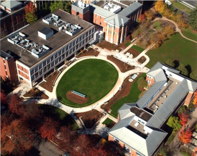 Birds eye view of the Lorry I. Lokey Laboratories, under the oval-shaped Science Green courtyard connecting Huestis (left) Streisinger (top left) and Deschutes (lower right) halls. This location is the east end of the Lorry I. Lokey Science Complex, which includes 11 existing buildings. Lokey Laboratories is the first completed building in a new section called the Integrative Science Complex.

 Skyshots Aerial Photography, courtesy Lease Crutcher Lewis
