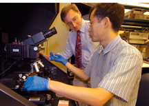 Micro-manipulation probe station
Purdue postdoctoral research associate Sanghyun Ju, sitting, and professor David B. Janes work at a "micro-manipulation probe station" in research using nanotechnology to create transparent transistors and circuits. The innovation represents  a step that promises a broad range of applications, from e-paper and flexible color screens for consumer electronics to "smart cards" and "heads-up" displays in auto windshields. The transistors are made of single "nanowires," or tiny cylindrical structures that were assembled on glass or thin films of flexible plastic. Some of the research is being conducted at Purdue's Birck Nanotechnology Center at the university's Discovery Park. (Purdue News Service photo/David Umberger)

