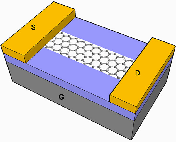 A schematic of graphene nanoribbon field-effect transistor with palladium contacts (S,D) on a 10 nm thick insulating silicon dioxide surface (purple). Beneath the Si02 layer is a highly conductive silicon layer (G).

Courtesy of the Dai Group