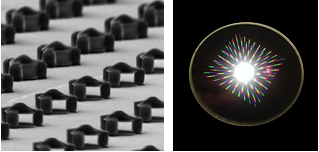 Microscopic magnets (above left), designed and tested in a joint NIST/NIH project, might one day be injected into the body to add color and smart tag capability to magnetic resonance imaging for medical diagnosis and research. The image on the right shows light scattering from grids of magnets on a wafer where they were made using conventional microfabrication techniques.

Credit: G. Zabow, NIST/NIH