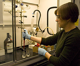 NIST researcher Ted Heilweil, National Research Council postdoctoral fellow Catherine Cooksey (pictured), and NIST Summer Undergraduate Research Fellow Ben Greer from Carnegie Mellon University have demonstrated the feasibility of a new technique for studying biomolecules using terahertz radiation. Because terahertz waves are almost completely absorbed by water, the team was able to reduce the amount of water to the bare minimum while still providing a realistic sample environment by using hollow, nanosized droplets called micelles as tiny test tubes.

Credit: NIST