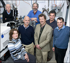 Some of the members of Brookhaven Lab's X-ray Crystallography Research Resource team are: (back row, from left) Dieter Schneider, Allen Orville, Lonny Berman and (front row, from left) Annie Hroux, Robert Sweet, Howard Robinson and Alexi Soares.