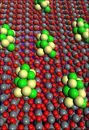 Model of a ternary electrocatalyst for ethanol oxidation consisting of platinum-rhodium clusters on a surface of tin dioxide. This catalyst can split the carbon-carbon bond and oxidize ethanol to carbon dioxide within fuel cells.