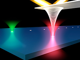 In an atomic force microscope (AFM), force is measured by a laser beam (yellow in this artist's rendition) bouncing off the diving-board like cantilever. To make an ultrastable AFM, researchers at JILA added two other lasers (green and red) to measure the three dimensional position of both the tip and a reference mark in the sample. These measurements allow researchers to remove drift and vibration in the instrument's measurements caused by environmental factors.

© G.Kuebler/JILA/CU