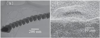 Image (a) to the left shows the morphology of an individual Nanospring viewed using a transmission electron microscope (TEM). At high resolution, the amorphous nature of the Nanosprings is evident. A Nanospring mat (b) is shown in the scanning electron microscope (SEM) image.