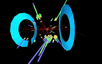 This image shows a typical outcome of the collision of a proton and an antiproton.