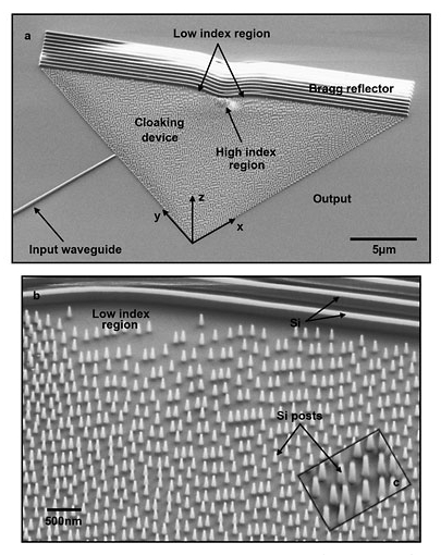 Provided/Nanophotonics Group
Scanning electron microscope images of the cloaking device. Top: Light passes through silicon posts as it bounces off a deformed reflector. Varying density of the silicon posts bends light to compensate for the distortion in the reflector. Bottom: a close-up of the array of silicon posts, each about 50 billionths of a meter in diameter.