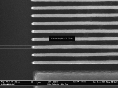 SEM micrograph of 20nm lines, 50nm pitch that highlights very stable and dense HSQ structure using the optimal doses provided by the NanoMaker software.  HSQ resist thickness is 180nm. 