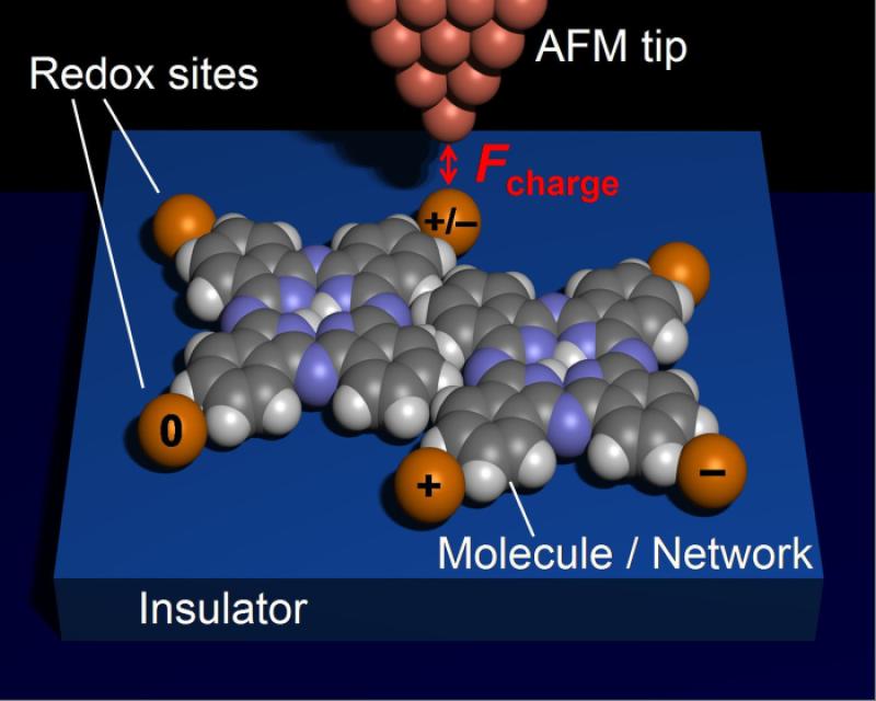 In future experiments, scientists envision using the current method to study the charge transfer in molecule complexes: Single atoms (orange) could be connected with molecules to form metal-molecular networks. Using the tip for charging these atoms, scientists could then inject electrons into the system and measure their distribution directly with the non-contact AFM. Understanding the charge distribution in molecules and molecular networks is a crucial step in the exploration of future computing elements on the nanoscale.