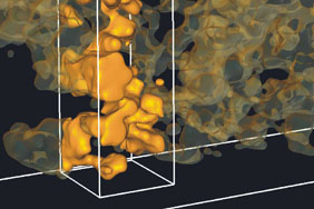 3D Electron tomography image of a polymer-metal oxide solar cell. The 3D nanoscopic morphology shows the interpenetrating metal oxide network in (yellow) inside a polymer matrix (black).