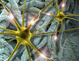 This illustration depicts neurons firing (green structures in the foreground) and communicating with nanotubes in the background. Illustration courtesy of Mohammad Reza Abidian.