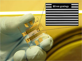 A researcher holds a sample of prototyped solar cells. The inset is an electron micrograph of the nanostructures.