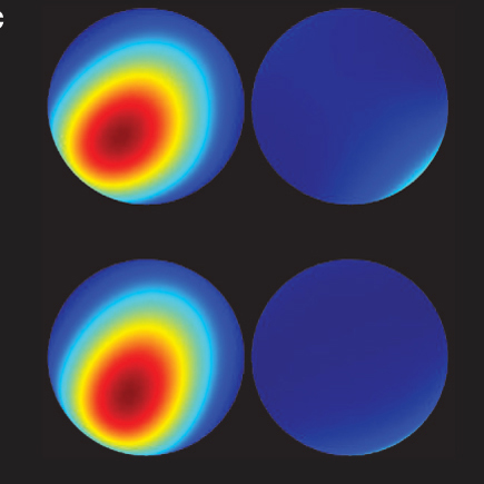This image shows the kind of pictures Jessens team produces with tomography. The top two spheres are from a selected experimental snapshot taken after 40 cycles of changing the direction of the axis of spin of a cesium atom, the quantum spinning top. The two spheres below are theoretical models that agree remarkably with the experimental results. (Image: Poul Jessen)