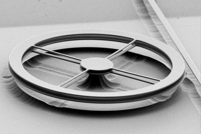 Scanning electron micrograph of two thin, flat rings of silicon nitride, each 190 nanometers thick and mounted a millionth of a meter apart. Light is fed into the ring resonators from the straight waveguide at the right. Under the right conditions optical forces between the two rings are enough to bend the thin spokes and pull the rings toward one another, changing their resonances enough to act as an optical switch.

Cornell Nanophotonics Group