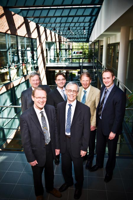 Picosun Board of Directors, from left: Prof., Ph.D Tech. Lauri Niinist, one of the key persons in developing Atomic Layer Deposition processes and applications in Academia since late 1970s; (Left front row) Ph.D. Tech. Tuomo Suntola, the inventor of ALD method; Picosun President and CEO, M. Econ. Kustaa Poutiainen; Picosun CTO, Mr. Sven Lindfors, designer of ALD systems since 1975; Prof., Ph.D Jorma Routti, one of the founders of Finnish venture capital and one of Europe's leading technology experts; former Director General of the Research Directorate of the European Union. Furthest right: Picosun Managing Director, M. Sc. Juhana Kostamo.