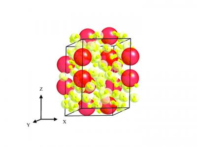 This schematic shows the structure of the new material, Xe(H2)7. Freely rotating hydrogen molecules (red dumbbells) surround xenon atoms (yellow).
Credit: Nature Chemistry

