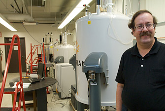 Director of instrumentation Allan Kershaw in a new nuclear magnetic resonance lab in Stabler Hall. 
Photo/Dietmar Quistorf 