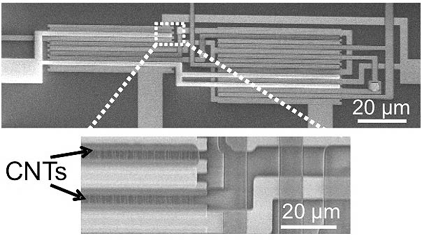 An electron microscope image showing carbon nanotube transistors (CNTs) arranged in an integrated logic circuit.
