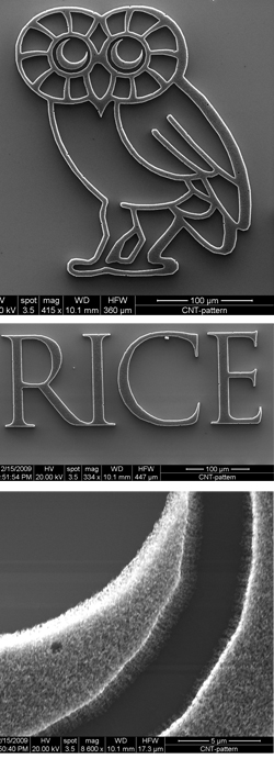 Graduate students Jun Yao and Noe Alvarez grew millions of carbon nanotubes to produce the Rice Owl and wordmark, seen through an electron scanning microscope. The bottom photo shows the forest of tubes that make up the owl's eye. PHOTOS BY JUN YAO, NOE ALVAREZ