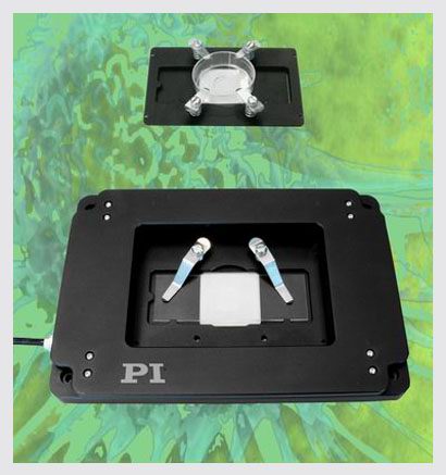 PI nano Z nanopositioning stages (shown with optional slide and Petri dish holder) feature a very low profile of 20 mm (0.8), a large aperture and deliver highly accurate motion with sub-nanometer resolution.