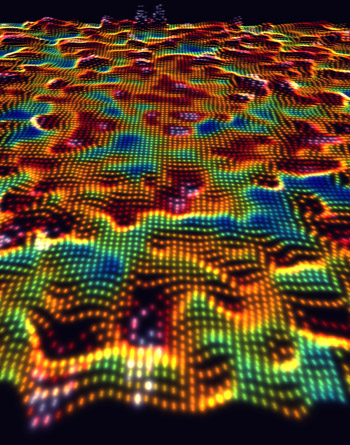 On the brink of the metal-insulator transition, the electrons in a manganese-doped gallium arsenide semiconductor are distributed across the surface of the material in complex, fractal-like patterns. These shapes are visible in this electron map, where the colors red, orange and yellow indicate areas on the surface of the semiconductor where electrons are most likely to be found at a given point in time. In this image, the fractal-like probability map of electrons is superimposed on the atomic crystal structure of the material, imaged at the same time. (Image: Roushan/Yazdani Research Group) 
