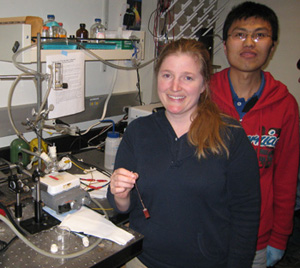 Graduate students Jennifer Hensel and Gongming Wang tested the performance of composite nanomaterials in PEC cells for hydrogen production. Photo by Yat Li.
