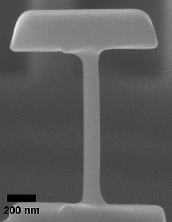 Scanning electron micrograph of a typical as-fabricated 100-nm-diameter tensile sample. Credit: Dongchan Jang/Caltech