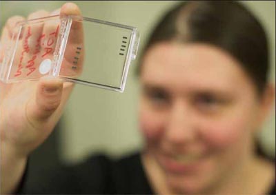 TINY TECHNOLOGY: Postgraduate student Ashley Kibel displays some the nanochips used in her nanotechnology research, focused on biomimicry. The scale of a nano is roughly 40,000 times smaller than the width of a human hair. (Photo by Michael Arellano) 
