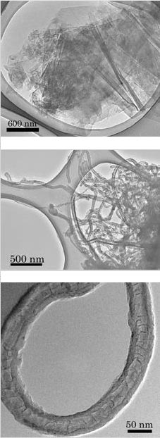 Nanotubes can grow on graphite (top) in an unruly mass (middle) according to "space's recipe." The overlapping segments on a single nanotube (bottom) are a telltale sign of the cup-stacked structure. (Image on bottom reproduced from Astrophysical Journal Letters.) Image credit: Yuki Kimura, Tohoku University 