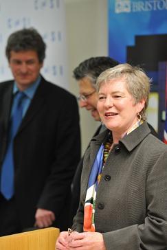 Dame Barbara Hay, consul-general at the British Consulate of Los Angeles, joined Paul Weiss and Daniel Robert during the signing ceremony for the Memorandum of Understanding between the CNSI and NSQI 