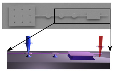 An illustration of the nanoelectromechanical oscillator, with the cantilever on the far right. The inset is a tilted 3-D profile of the structure, which shows the silicon dioxide posts. 