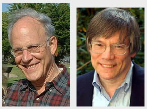 High-energy physicist David Gross, left, and astrophysicist Alan Guth will bookend the program at the "Frontiers in Physics" symposium April 23 presented by The City College of New York Physics Department.