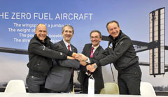 Bayer MaterialScience has become an official partner of the Solar Impulse project  around the world in a solar airplane. From left to right: Bertrand Piccard, Initiator of Solar Impulse, Patrick Thomas, CEO of Bayer MaterialScience, Dr. Hans-Wilhelm Engels, Head of the Innovation Community Council at Bayer MaterialScience and Andr Borschberg, CEO of Solar Impulse.