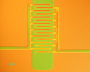 Princeton researchers have developed a new way to manufacture electronic devices made of plastic, employing a process that allows the materials to be formed into useful shapes while maintaining their ability to conduct electricity. In the plastic transistor pictured here, the plastic is molded into interdigitated electrodes (orange) allowing current flow to and from the active channel (green). Image: Loo Research Group